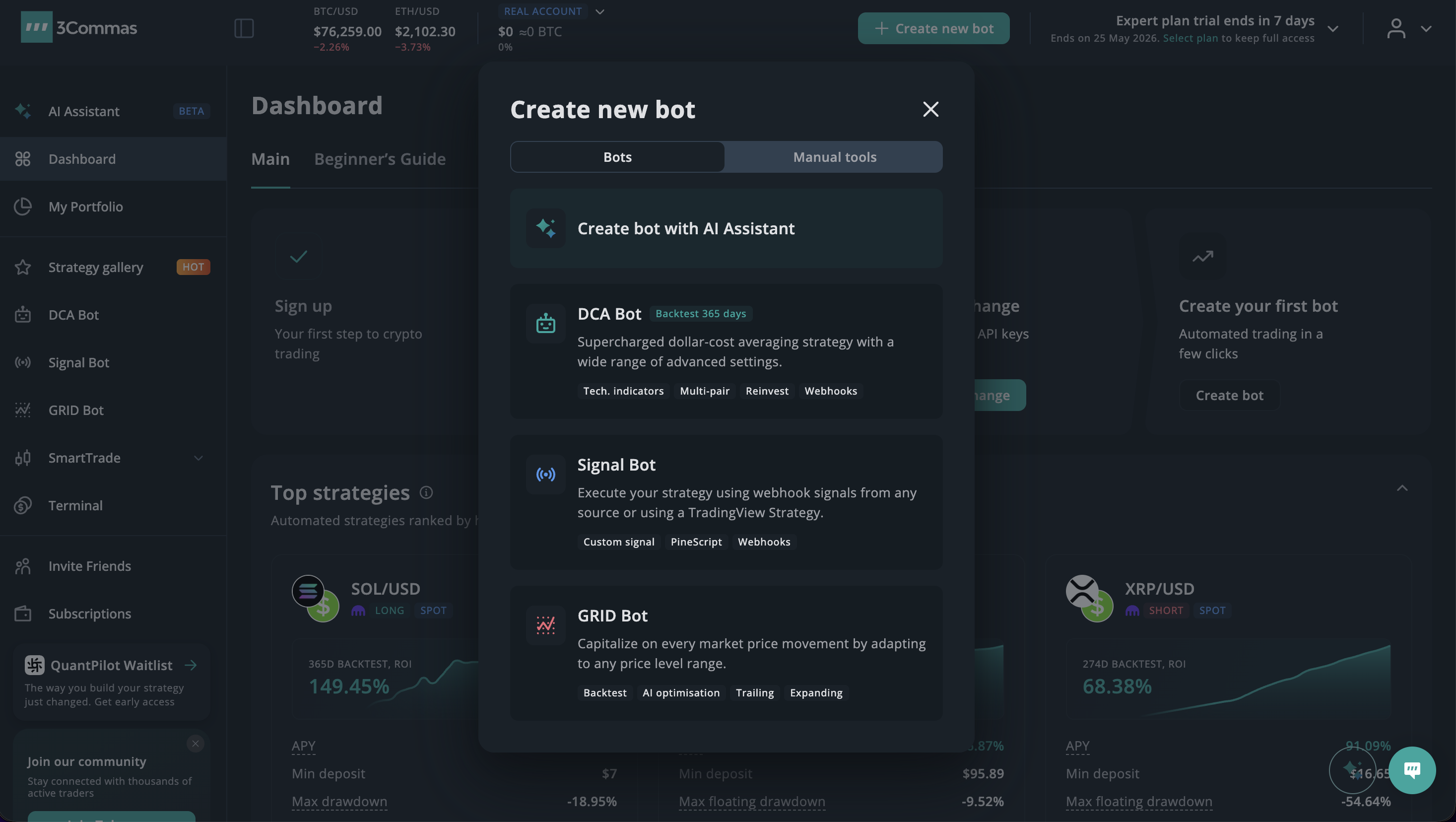 Panel de 3Commas con el diálogo Crear nuevo bot abierto mostrando DCA Bot, Signal Bot, GRID Bot y puntos de entrada SmartTrade