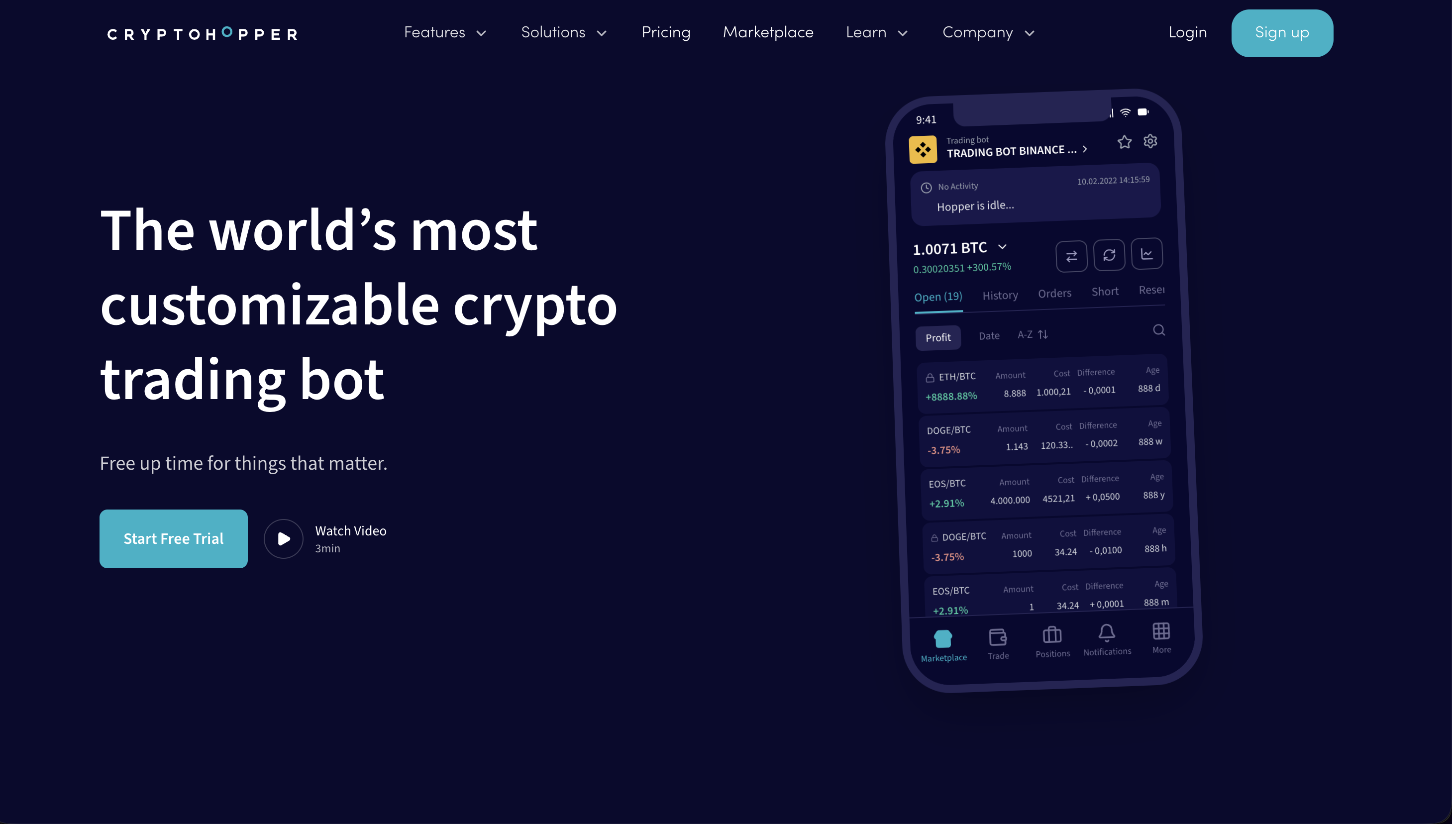 Página de marketing de Cryptohopper con interfaz móvil del bot de trading posicionado como el bot cripto más customizable