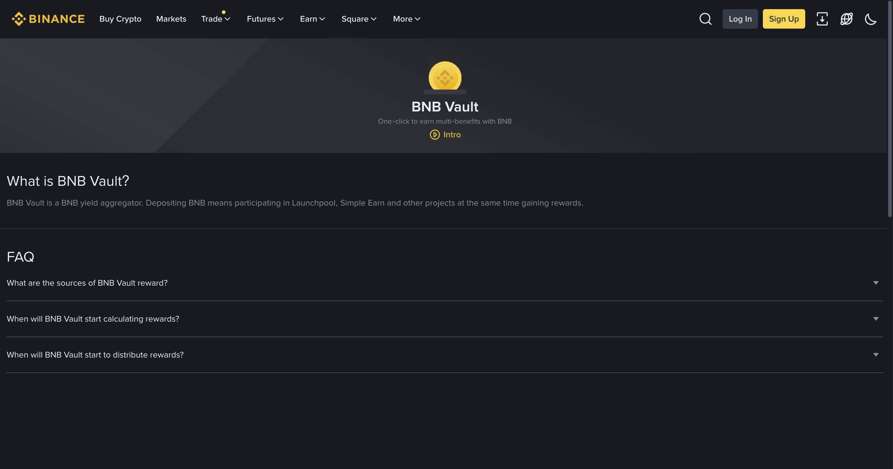Страница продукта Binance BNB Vault: одноклик-агрегатор доходности BNB по Launchpool и Simple Earn