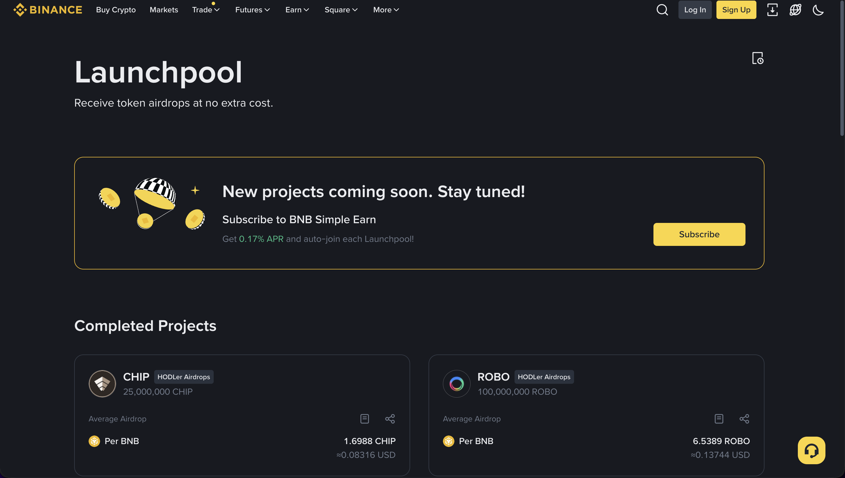Страница Binance Launchpool с завершёнными проектами эирдропов CHIP и ROBO и распределением на BNB