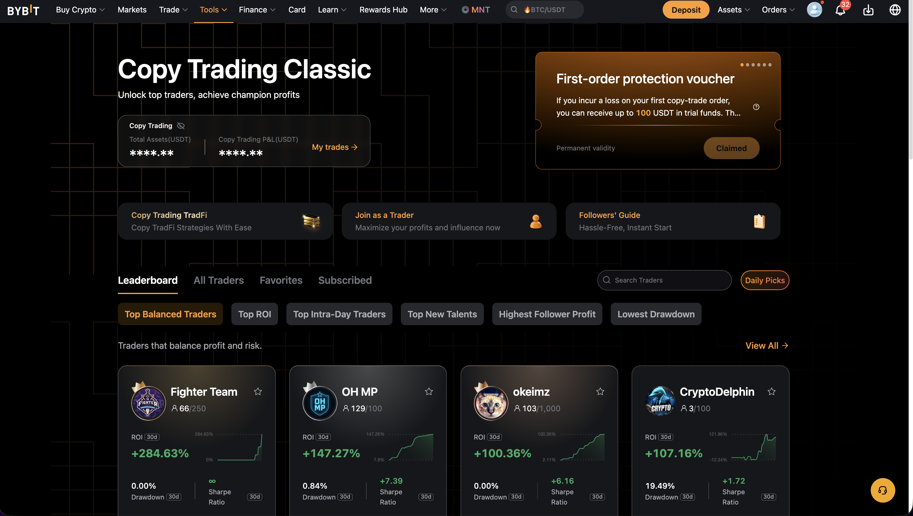 Bybit Copy Trading Classic leaderboard with Top Balanced traders showing ROI, drawdown, and Sharpe ratio