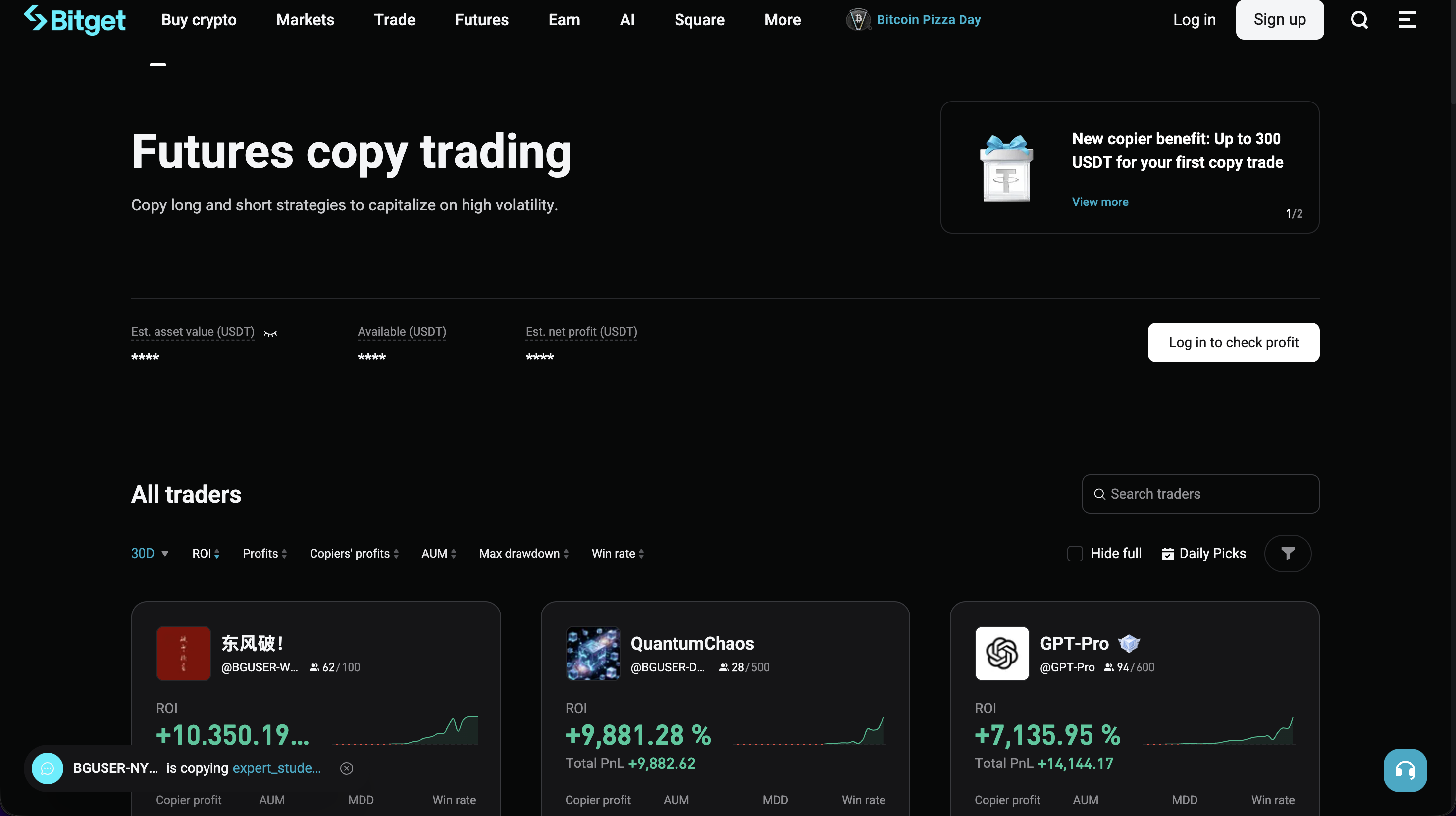 Bitget Futures copy trading All Traders listing sorted by ROI with PnL, AUM, max drawdown, and win rate