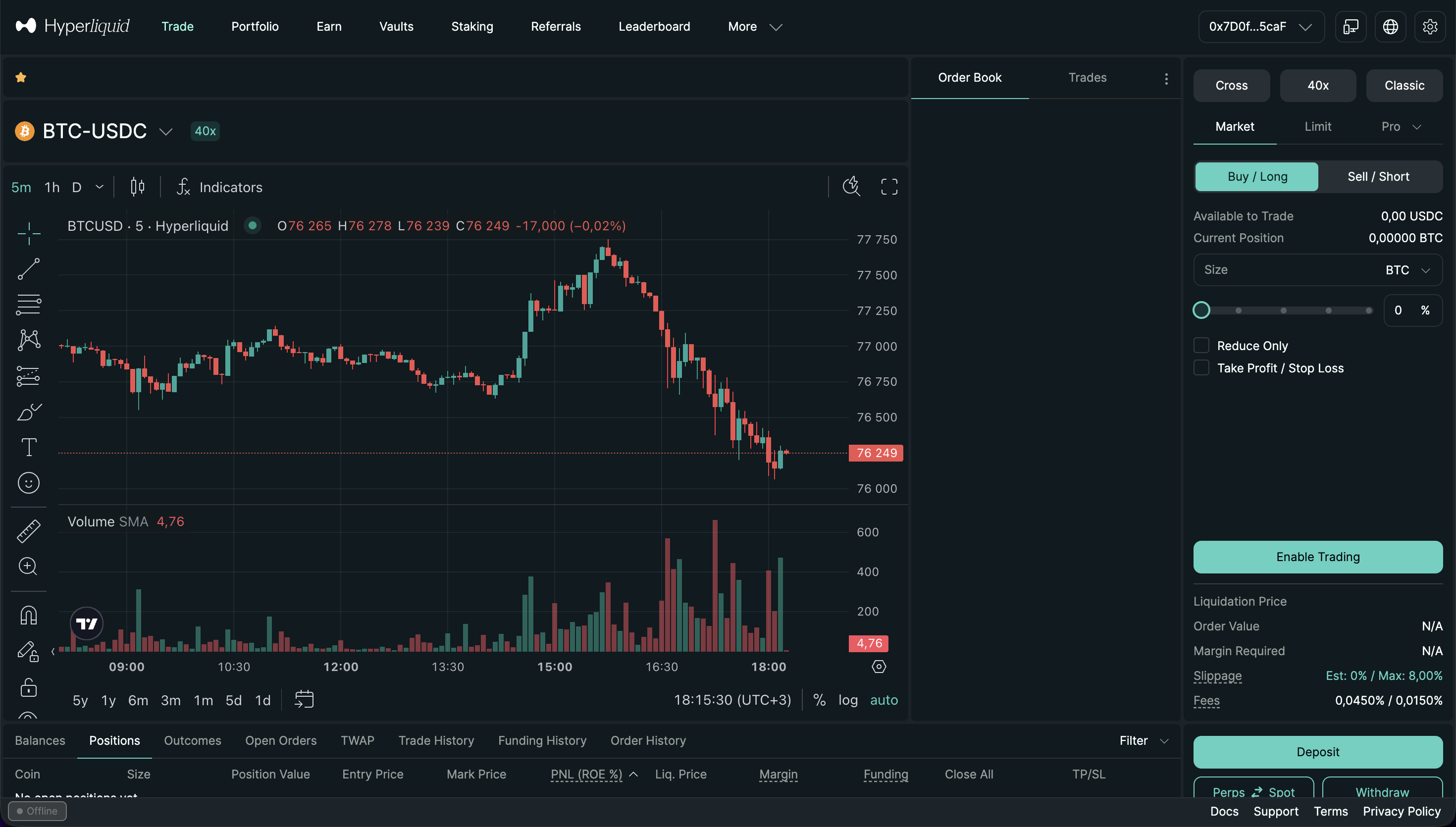 Hyperliquid BTC-USDC perpetual trading view with on-chain orderbook and chart
