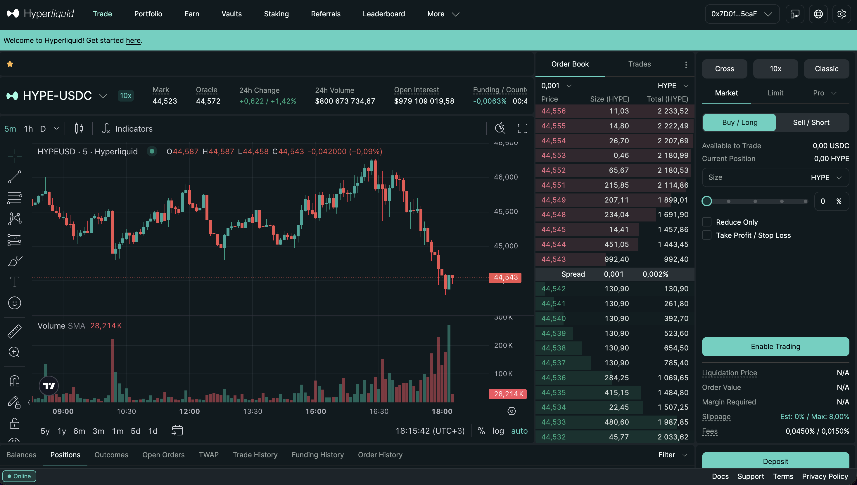 HYPE-USDC perpetual orderbook on Hyperliquid showing two-sided depth around $44.5