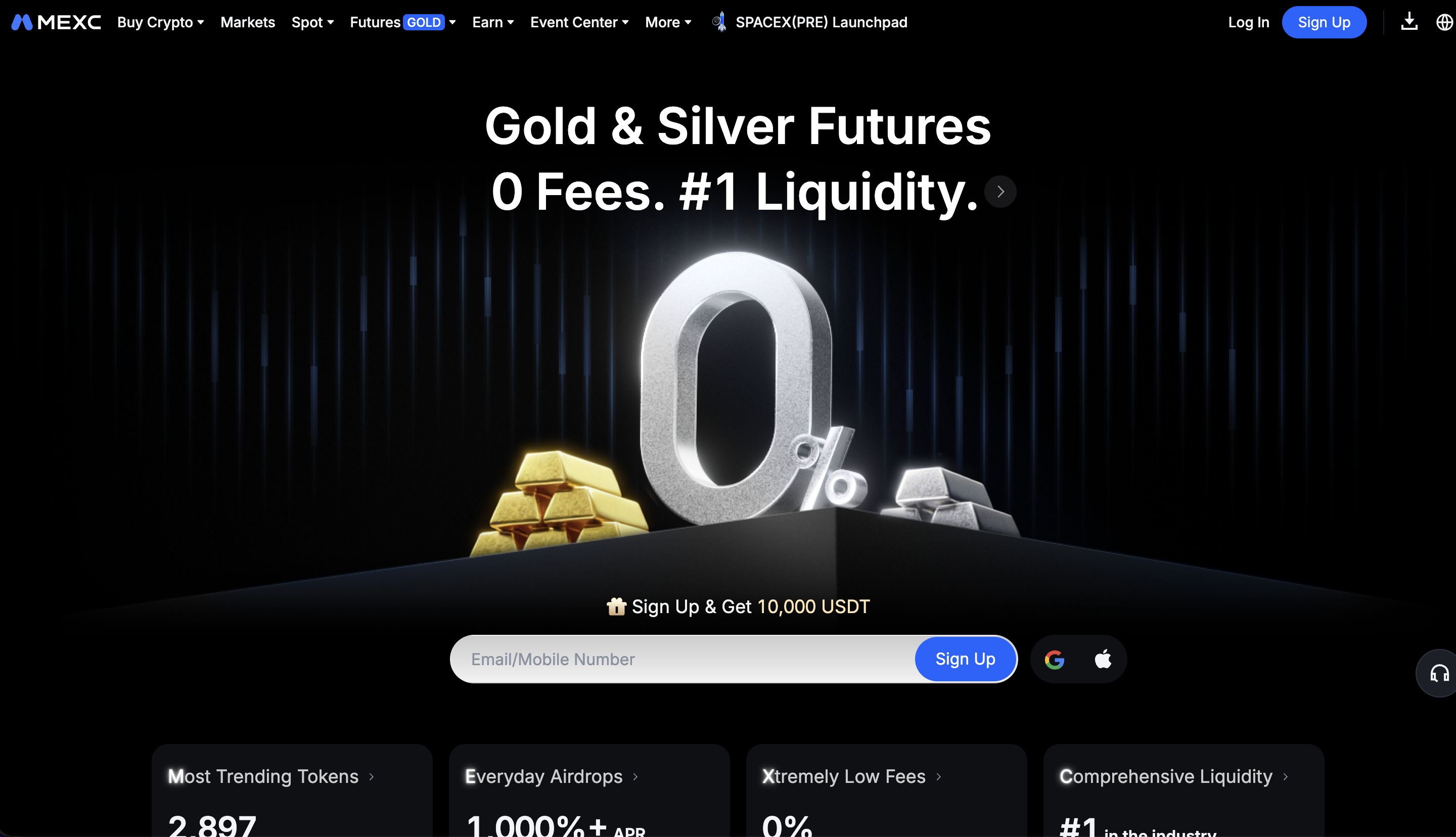 MEXC homepage in May 2026 promoting zero-fee gold and silver futures and a signup bonus
