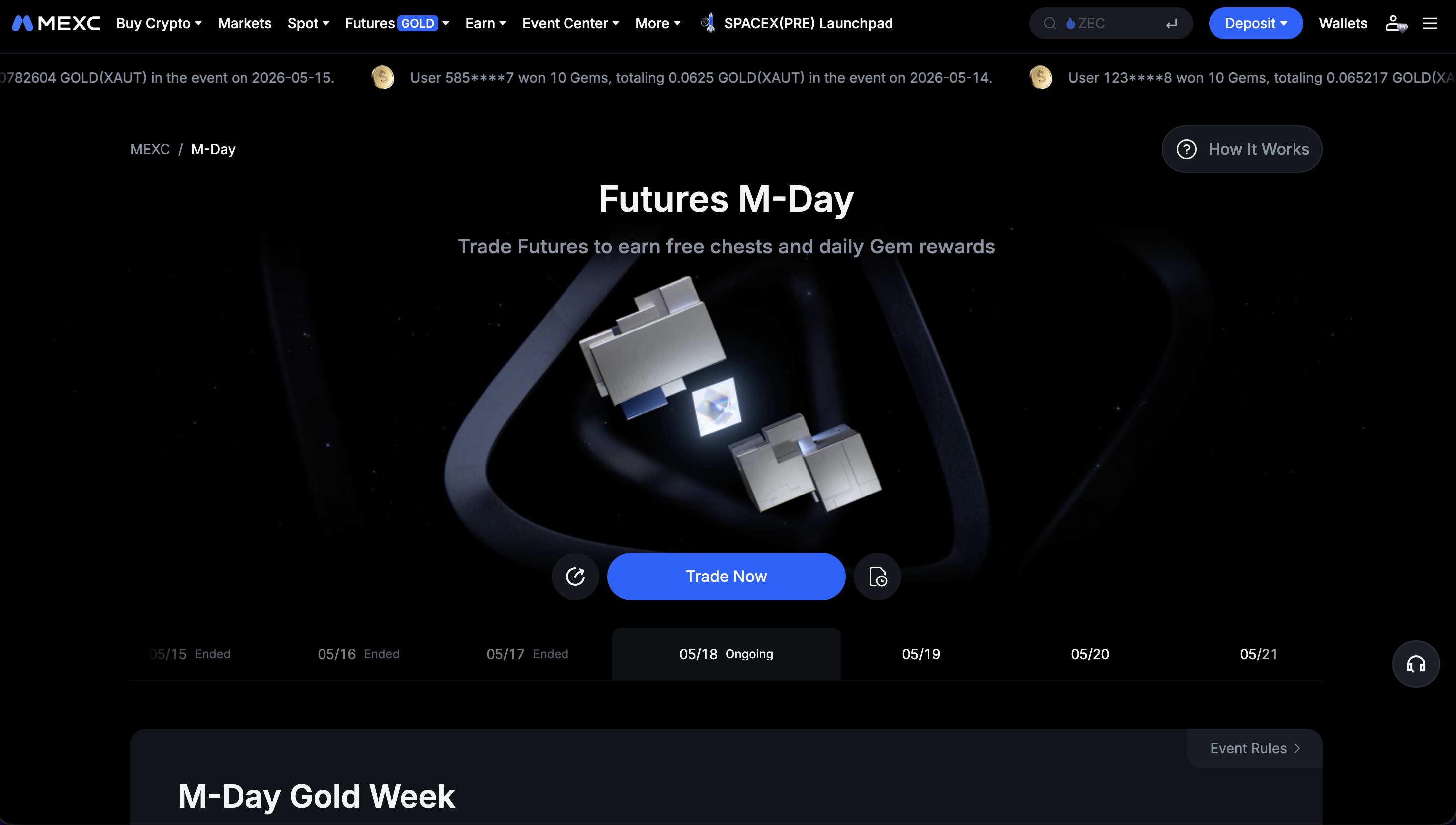 MEXC M-Day Futures Gold Week event page with daily reward schedule