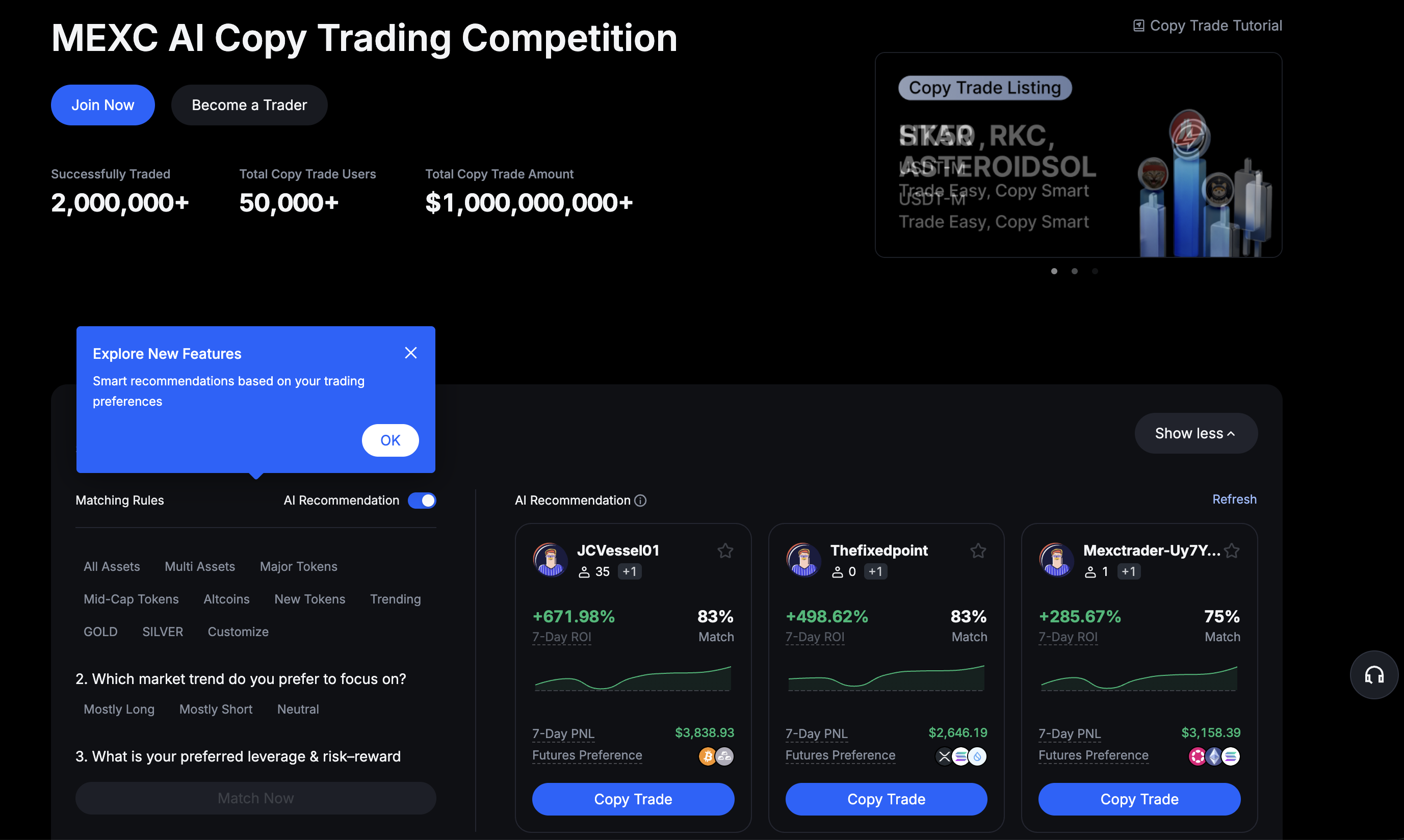 MEXC AI Copy Trading Competition leaderboard with 7-day P&L and win rate for each trader
