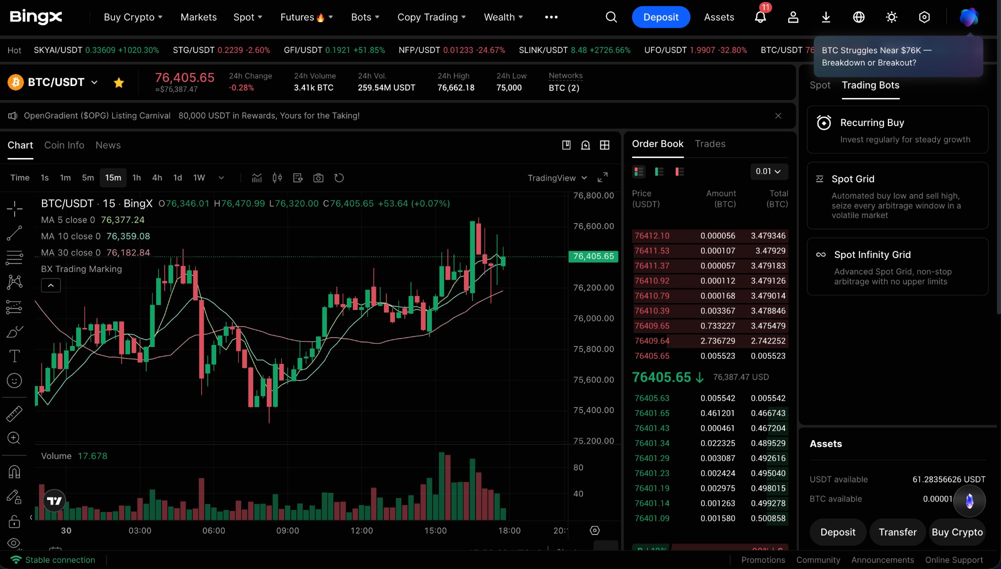 Торговый интерфейс BingX: график BTC/USDT, стакан, панель Trading Bots