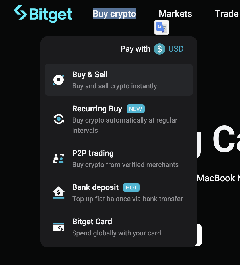 Bitget Buy crypto dropdown menu showing Buy and Sell, Recurring Buy, P2P trading, Bank deposit, and Bitget Card options