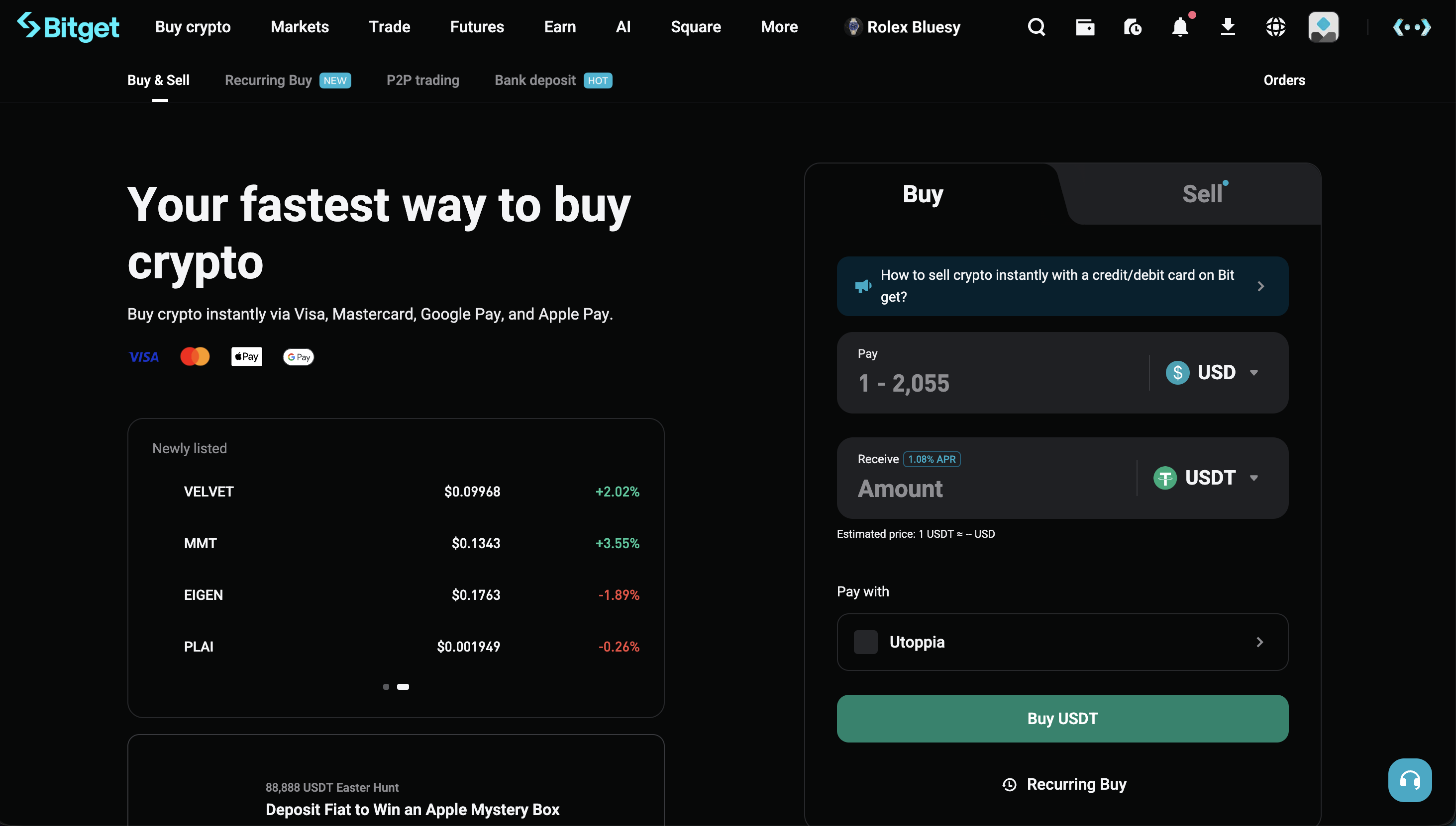 Bitget Buy and Sell card purchase page with USDT buy panel, USD pay range, Visa, Mastercard, Apple Pay and Google Pay payment options