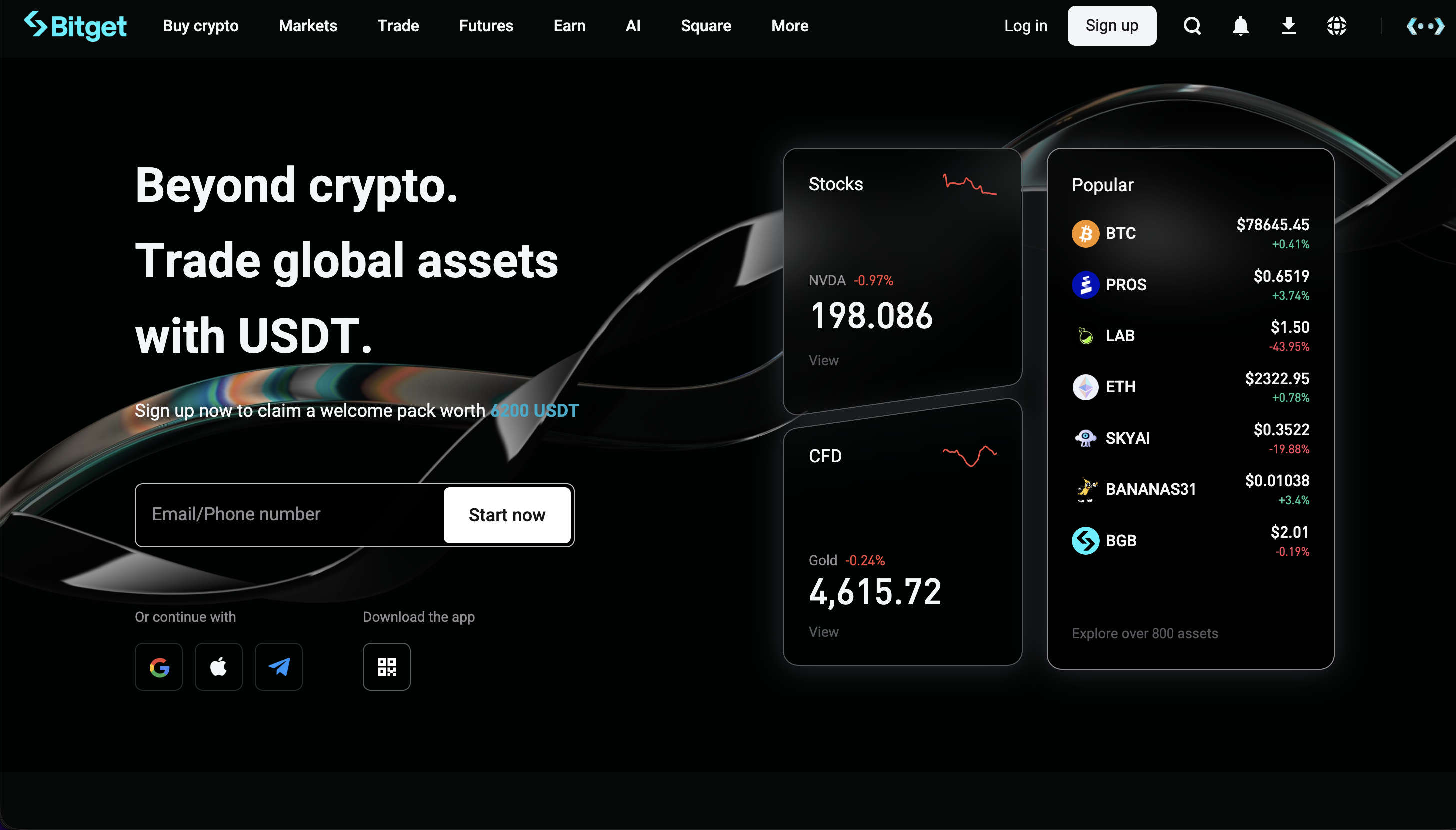 Bitget homepage with Sign Up button in top-right corner, asset list, and email/phone signup field