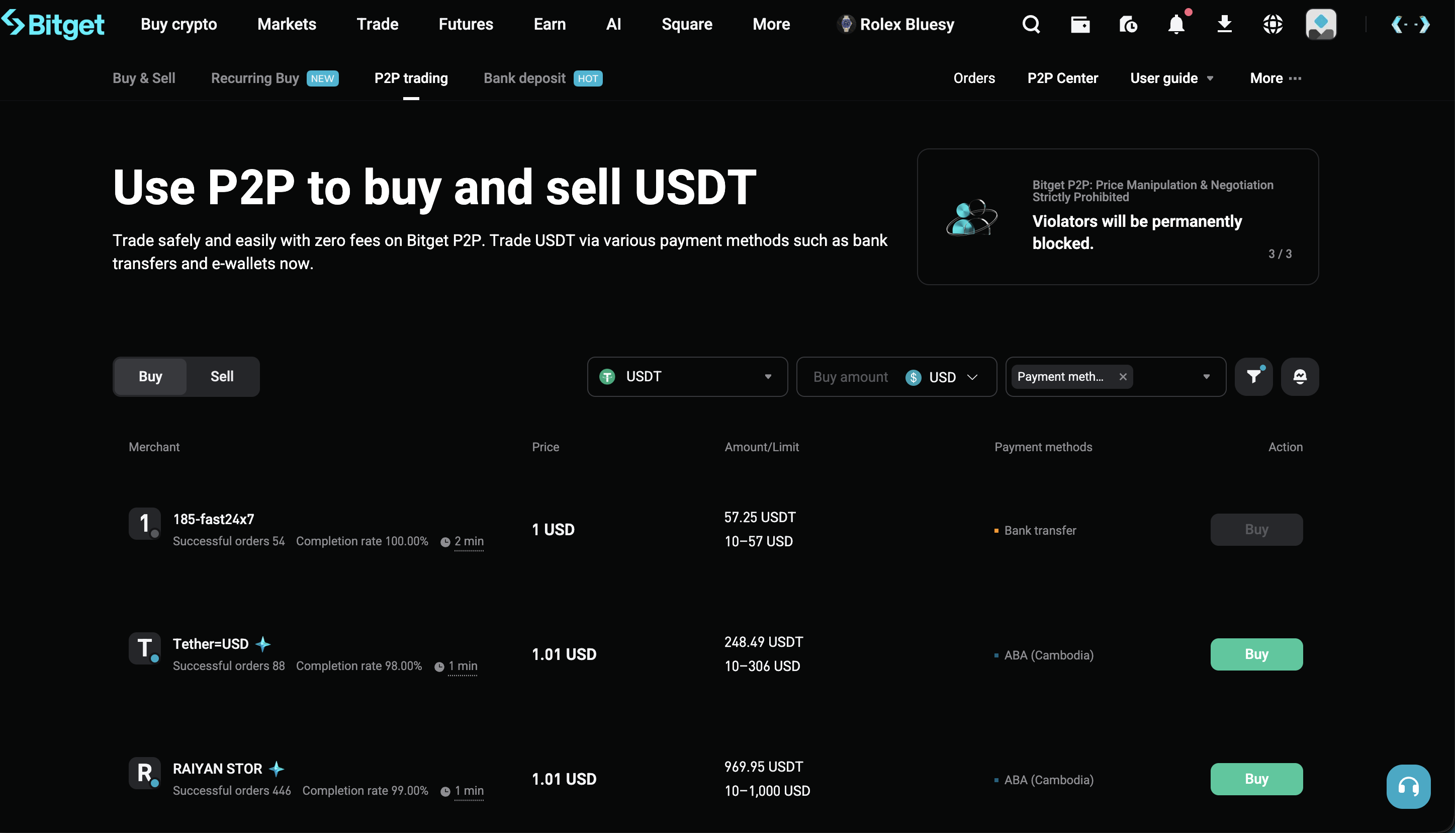 Bitget P2P trading page with merchant list showing completion rate, transaction count, response time, prices in USD, available USDT amounts, and bank transfer payment method