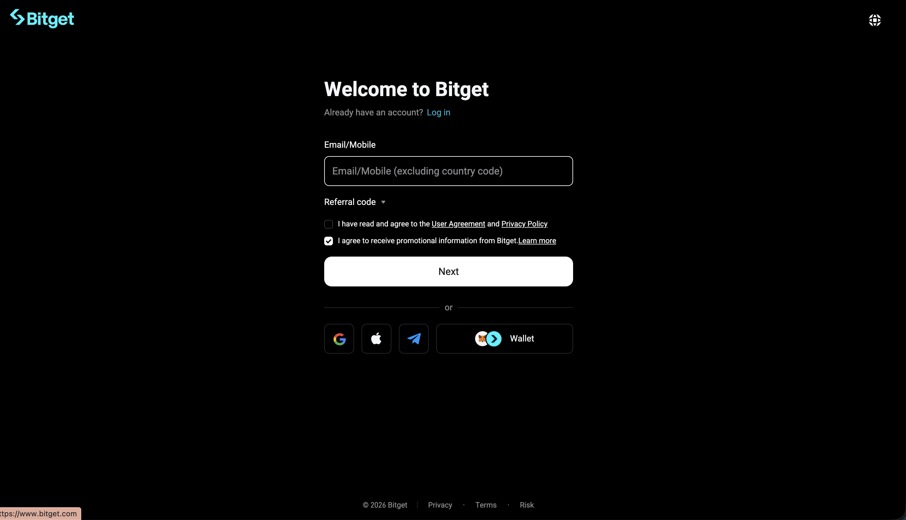 Bitget Welcome signup form with Email/Mobile field, Referral code dropdown, agreement checkboxes, and social login providers including Google, Apple, Telegram, and Wallet