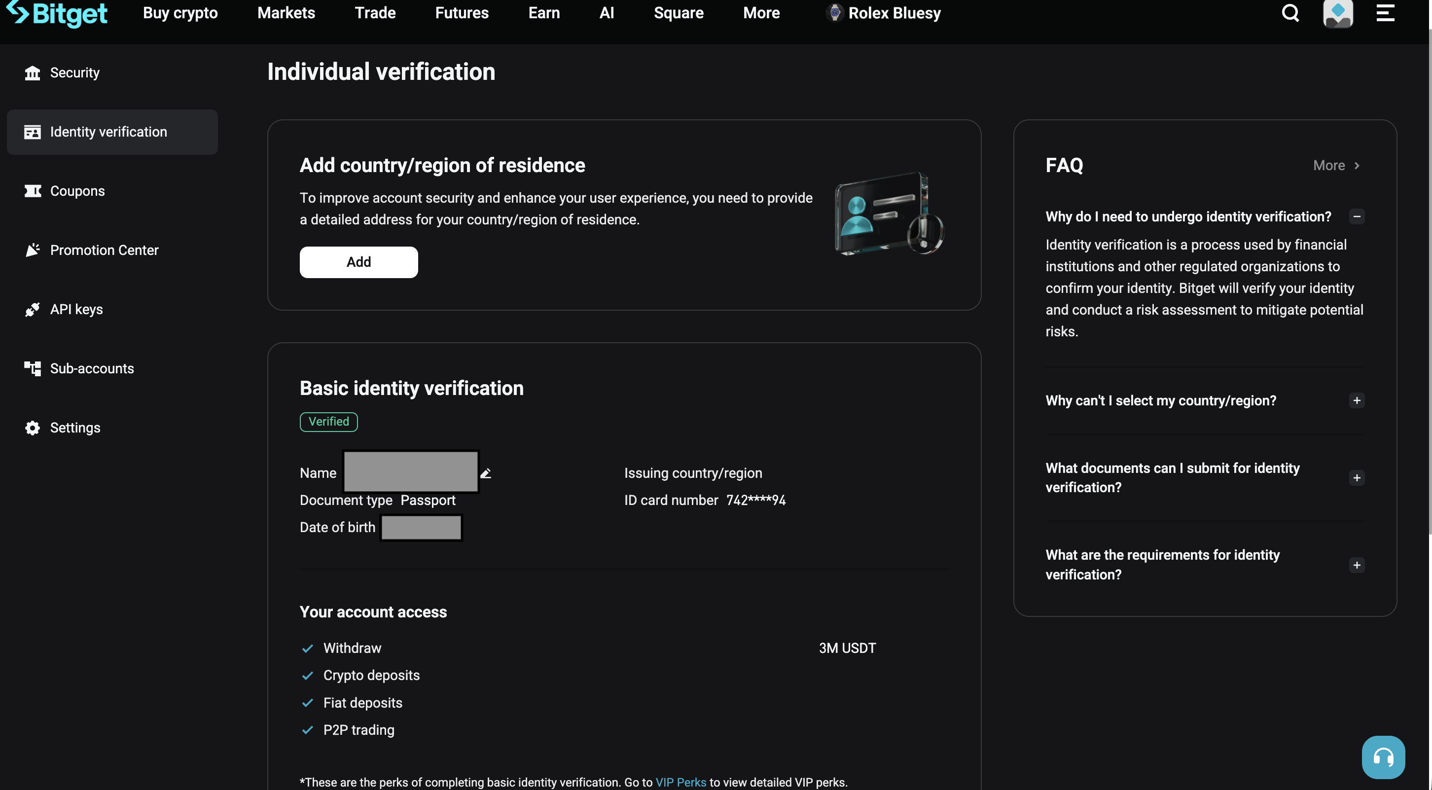 Bitget Identity Verification page showing Basic identity verification with Verified status, account access privileges including 3M USDT withdrawal, crypto deposits, fiat deposits, and P2P trading