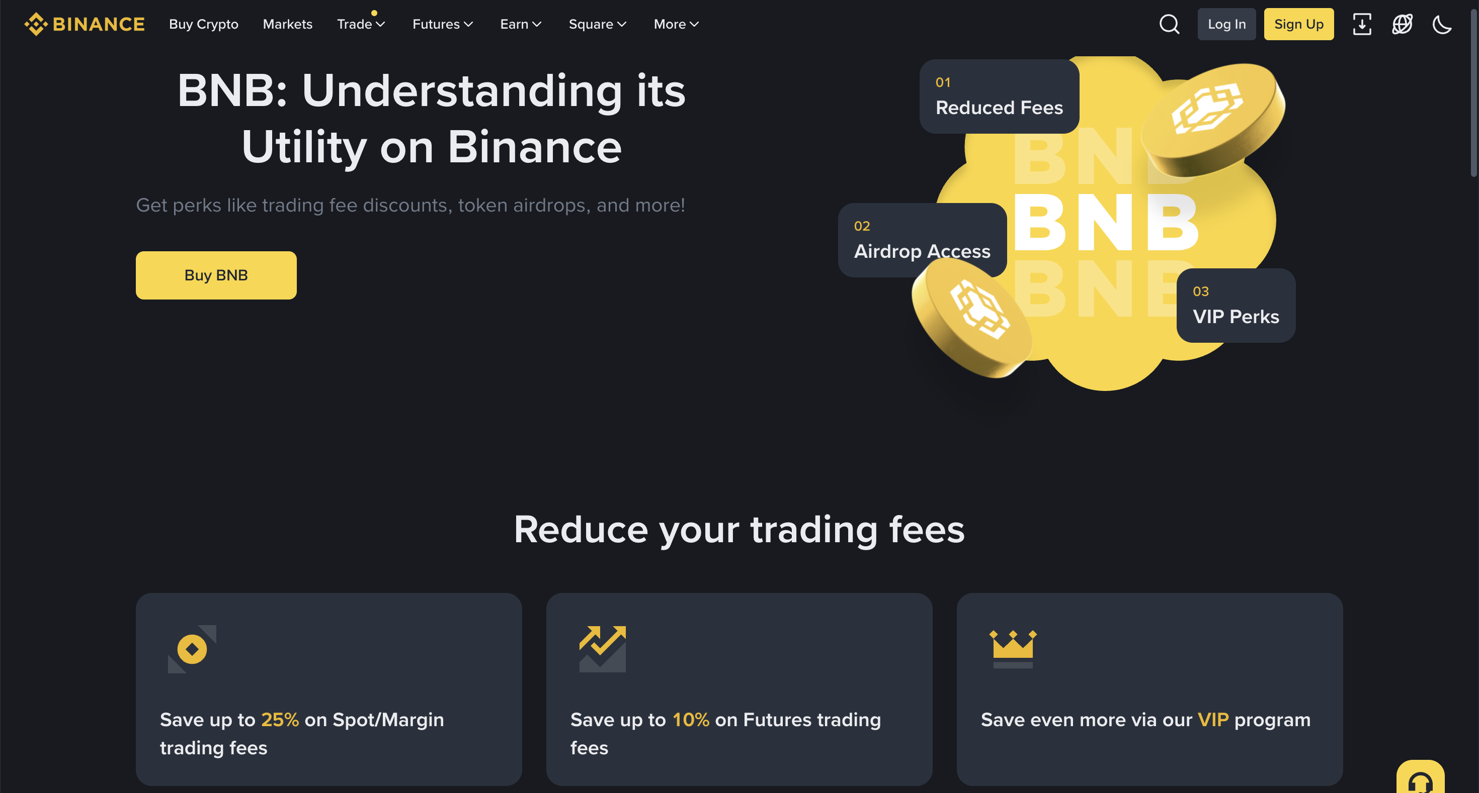 Binance BNB utility page explaining the 25 percent fee discount, airdrop access, and VIP perks