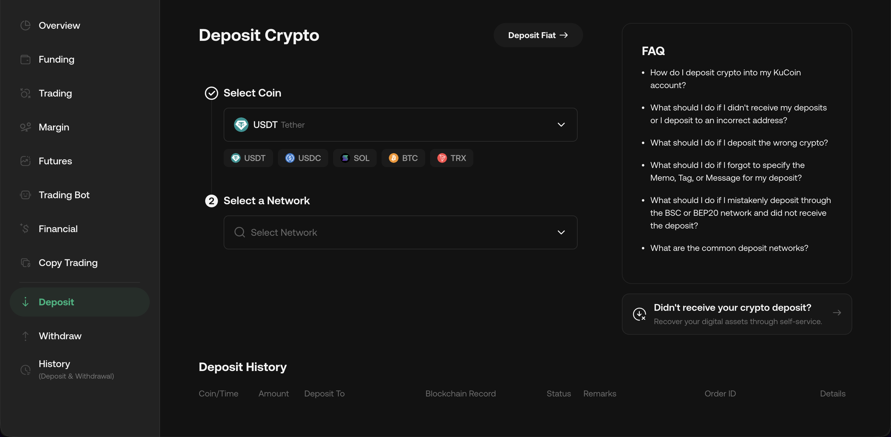 KuCoin Deposit Crypto screen with Select Coin (USDT, USDC, SOL, BTC, TRX), Select Network dropdown, and FAQ panel