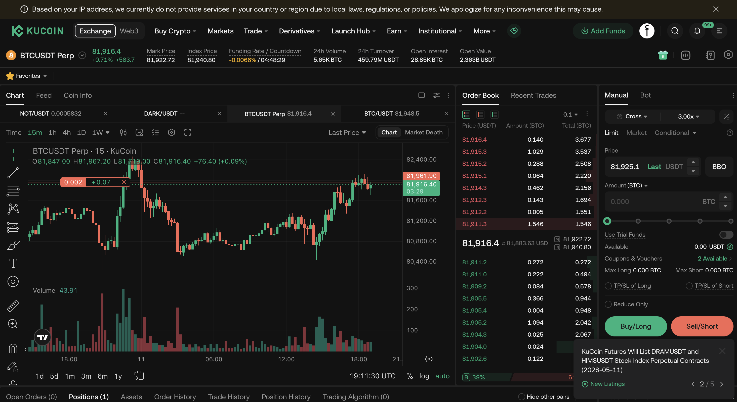 KuCoin futures trading interface for BTC/USDT Perp with a yellow geo-restriction banner at the top of the page