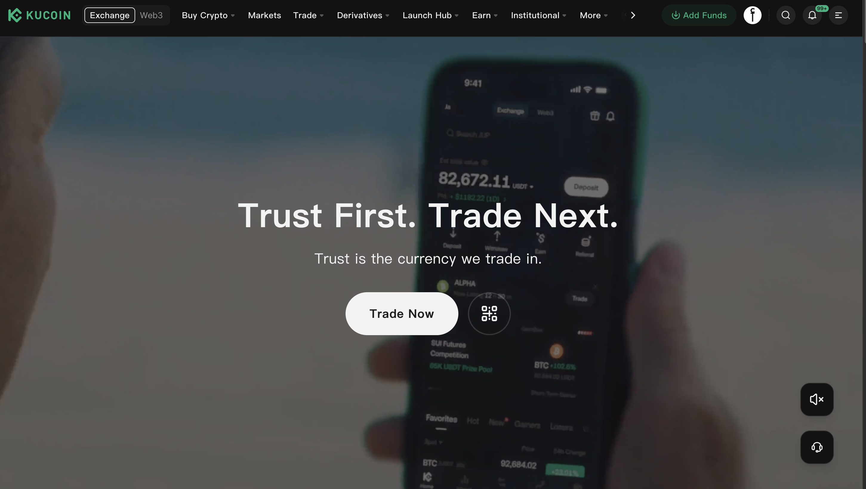 KuCoin homepage with the 'Trust First. Trade Next.' positioning and a Trade Now CTA