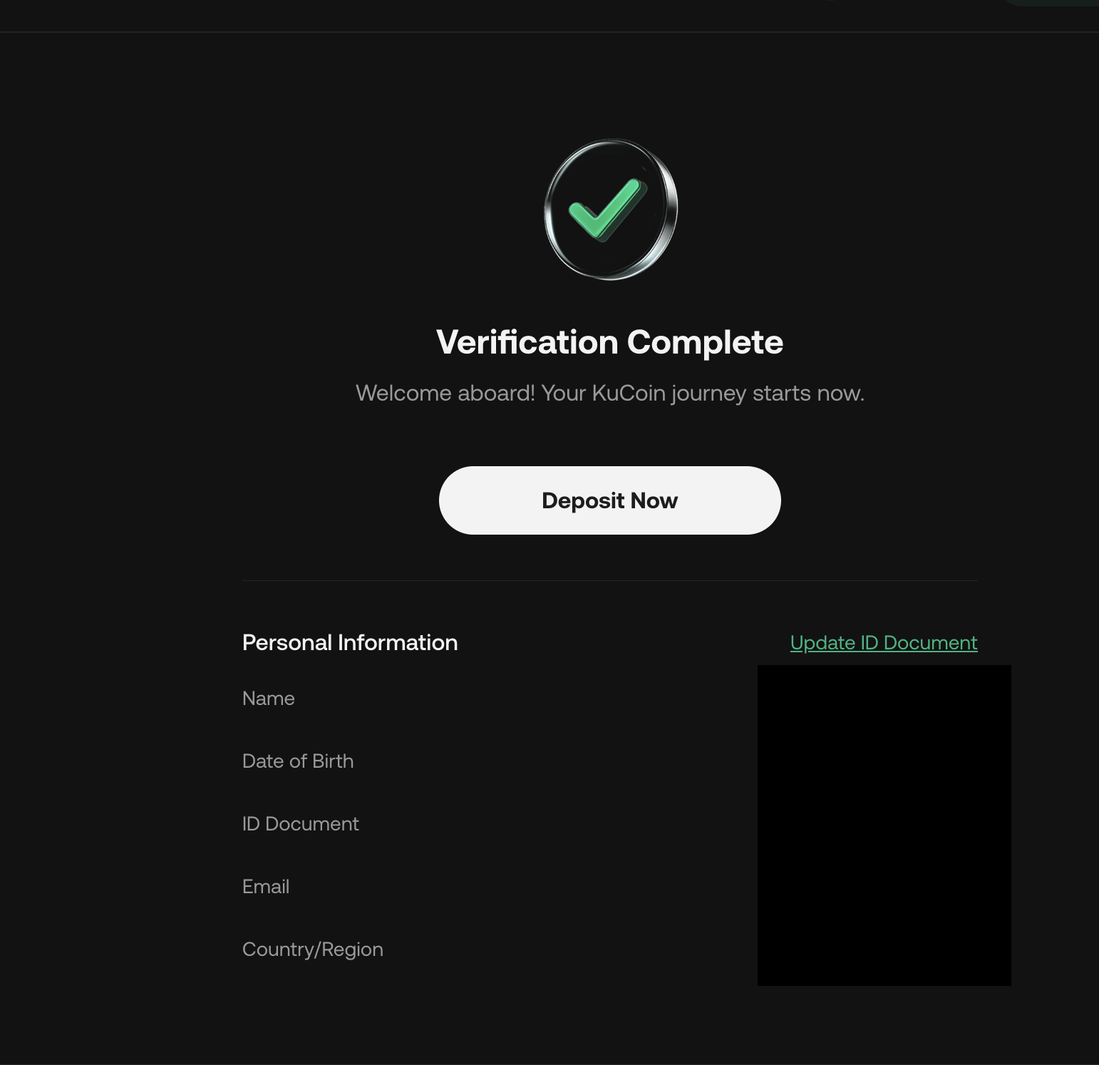 KuCoin 'Verification Complete' screen with personal information fields and a Deposit Now CTA