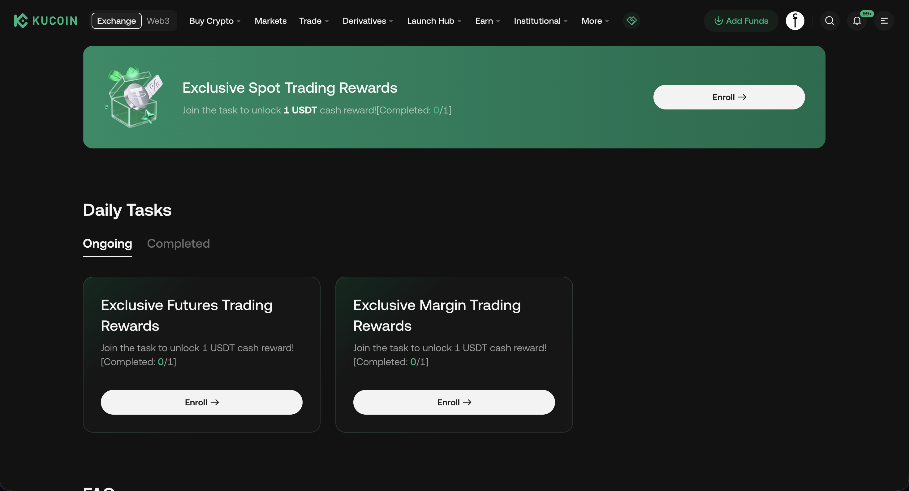 KuCoin Daily Tasks page with Spot, Futures, and Margin Trading Rewards cards offering 1 USDT cash rewards