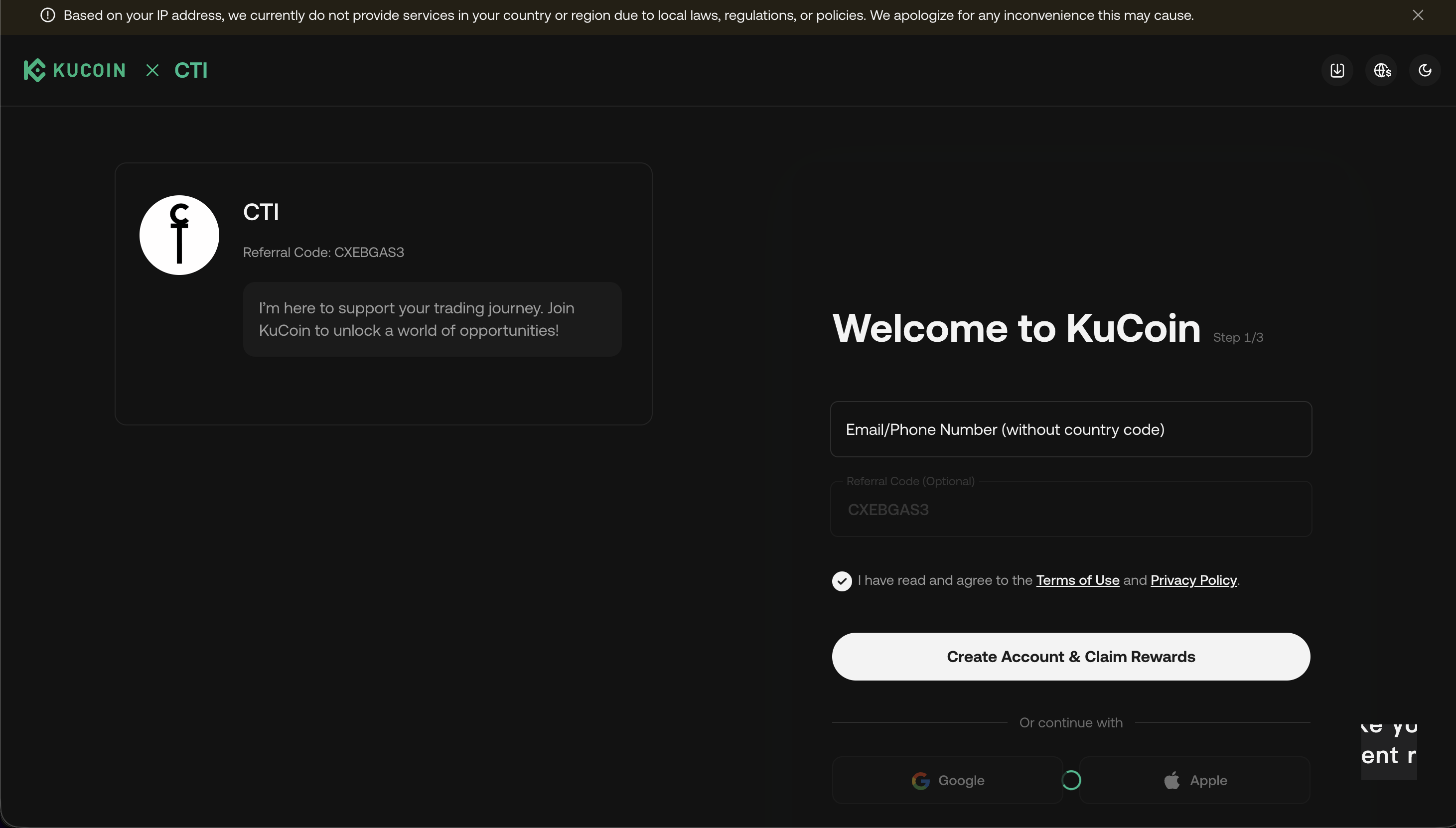 KuCoin Welcome signup screen with email and referral code CXEBGAS3 pre-filled in the CTI referral panel