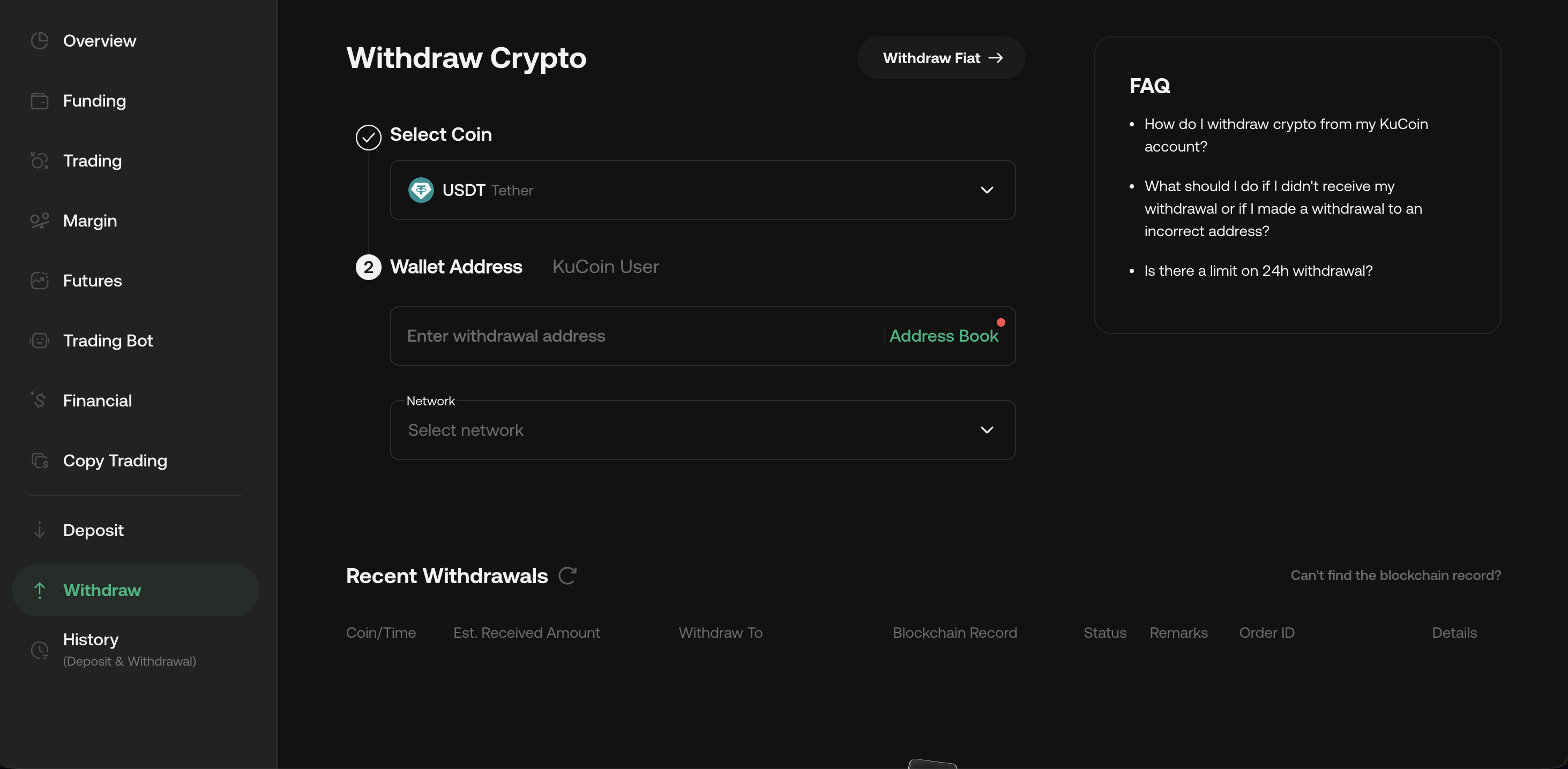 Madde seçimi, alıcı adresi, ağ seçimi ve miktar alanlarıyla KuCoin Withdraw Crypto ekranı