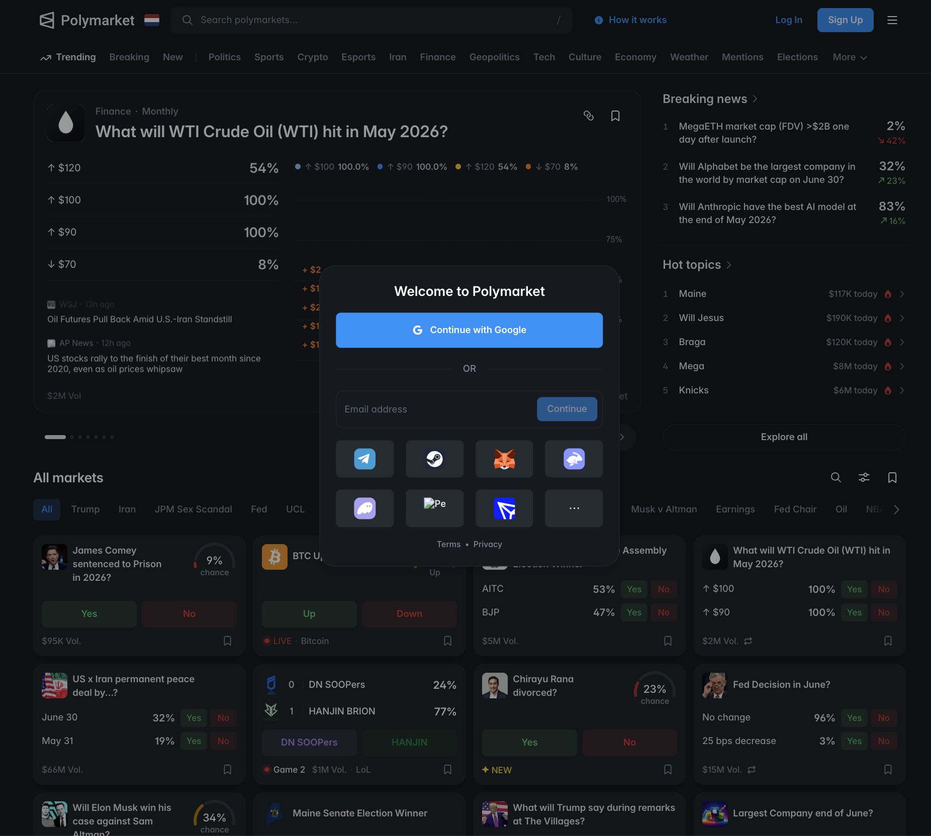 Модалка Welcome to Polymarket с кнопкой Continue with Google, полем email и иконками социальных провайдеров (Telegram, Steam, MetaMask и др.)